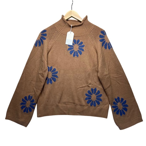 Made with Love Sweaters - Brown Mock Neck Sweater Blue Floral Print‎ Long Sleeve Knit Boho Cottage Size S